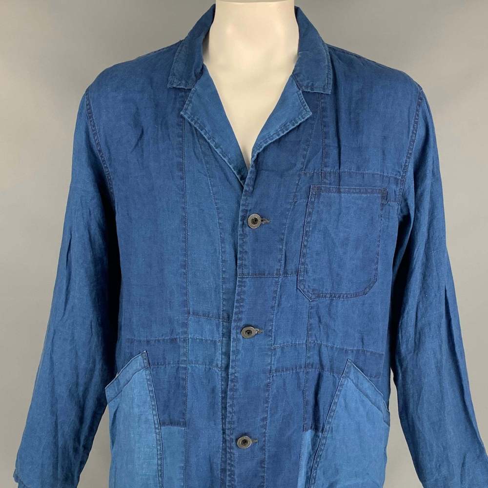 J.S. HOMESTEAD Indigo Patchwork Linen Notch Lapel Coat - Picture 2 of 6